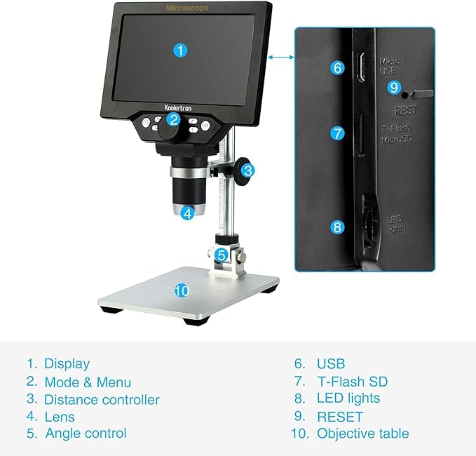 Koolertron 7" LCD Digital Microscope 12MP 1-1200X Magnification - Handheld USB Microscope Camera with 32GB TF Card, 8 Adjustable LED Lights & Rechargeable Battery - Portable for Coin/PCB/Insect/Rock