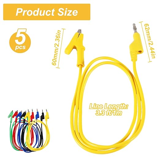 5PCS Multimeter Banana Plug to Crocodile Alligator Clip, 4mm Stackable Colorful Silicone Banana Plug to Alligator Clip, Soft Flexible Electrical Test Probe Lead Wire Cables 1M