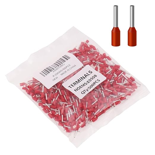 22AWG/0.5mm² Wire Ferrules Red, 500pcs 22AWG Terminal Connector Kit, Wire Insulated Cord Pin Ends Terminals for Electric, Industrial, Chemical Industry, Power Control System, etc.