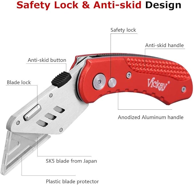 Vickay Box Cutter Folding Utility Knife Heavy Duty with 5 SK5 Quick Change Blades, Safety Axis Lock Design Razor Knife, Lightweight Aluminum Body Belt Clip for Office