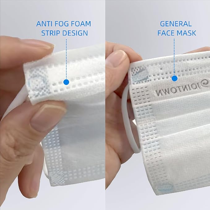 Jointown Anti-fog 3-ply Disposable Face Mask, Face Mask with Efficient Filter Media for Adult, Adjustable and Soft Nosepiece, Box of 50 pcs