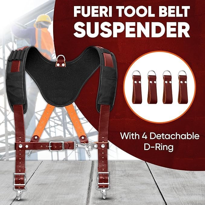 FUERI Tool Belt Men Heavy Duty 26 Pocket Tools Bags Pouches Holder Organizer for Carpenter Construction Electrician Framer Nylon Leather (Maroon & Green Tool Belt Suspender, Extra Large 42" - 48")