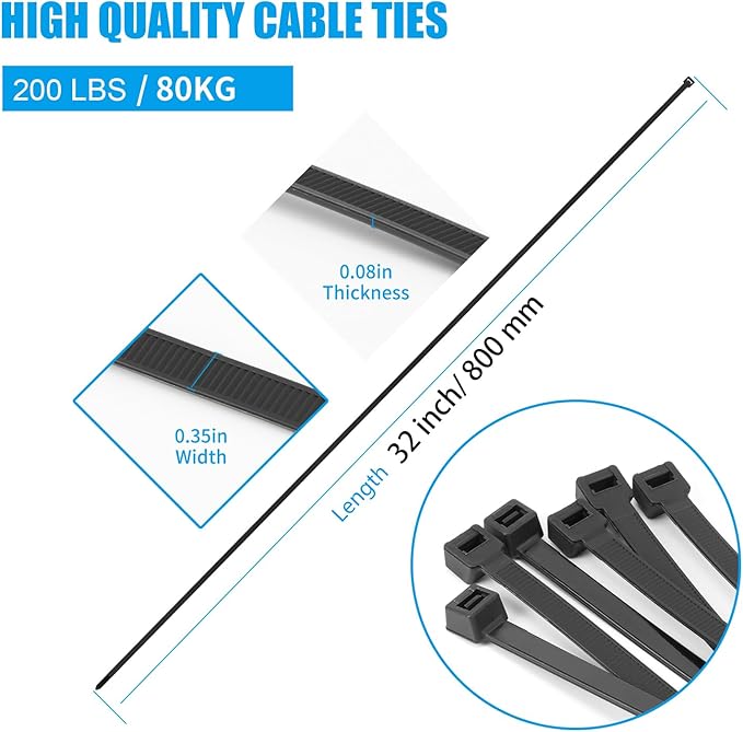 32 inch Black Zip Ties Heavy Duty 30 PCS, 200LBS Ultra Exclusive Strong Plastic Wire Ties, Large Cable Ties Extra Long Tie Wraps, Indoor and Outdoor UV Resistant