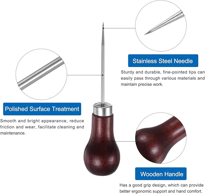 HARFINGTON Handwork Sewing Awl Single Gourd Awl Leather Punch Hole Tool with Wooden Handle Scratch for Broken Wire Make Mark Drilling Stitching Repair and DIY Handmade, Red-Brown