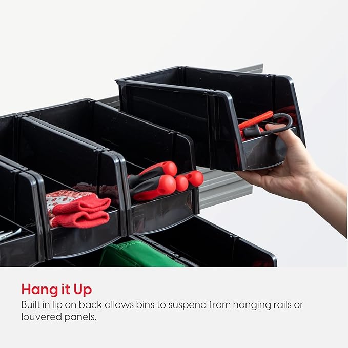 IRIS USA Stackable Storage Bins Open Front, 12 Pack, Plastic Hanging Organizer Caddy Basket for Hardware Crafts, Small Parts, Nuts and Bolts, Garage Tool Storage, Small, Black