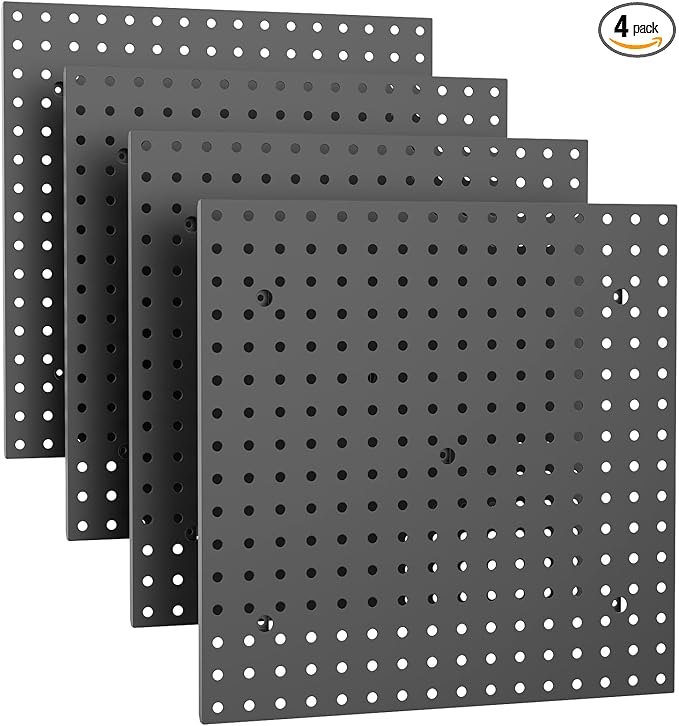 WALMANN 4PCS 16" * 16" Metal Pegboard Panels for Wall Garage Tools Pegboard for Garage, Workbench, Peg Board Tool Organizer Board(Pack of 4, Black)