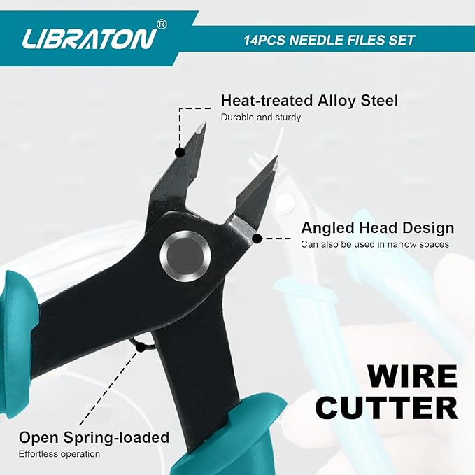 Libraton Needle File Set, Diamond Needle File Set, 14PCS Small File Set, 6 Diamond Files & 6 Carbon Steel Files with Wire Cutter, Steel Brush, Carry Bag, Jeweler File Tools for Soft Metal,Wood,Model