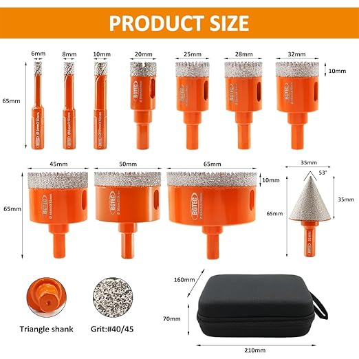 Diamond Core Drill Bit Kit BGTEC Diamond Hole Saw Tile Cutter,Triangle Shank 10pcs 6/8/10/20/25/28/32/45/50/65mm Drill Bits+1pc 3/8" Hex Shank Chamfer Bit