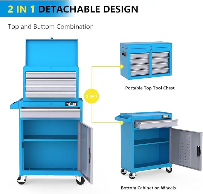 TUFFIOM 5-Drawer Rolling Tool Chest, Tool Storage Cabinet w/Drawers, Lockable Wheels, Detachable Top & Adjustable Shelf, Mechanic Tool Organizer Box for Garage, Workshop, Warehouse & Repair Shop