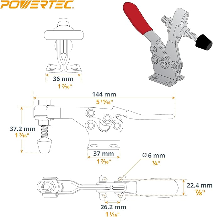 POWERTEC 8PK Toggle Clamp, 300 lbs Capacity, 201B Quick Release Horizontal Clamps w/Antislip Rubber Pressure Tip for Woodworking Jigs and Fixtures, Welding, Drill Press, Crosscut Sled (20327-P2)