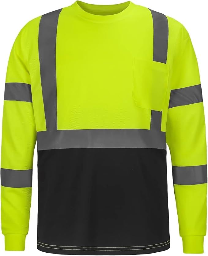 High Visibility Class 3 T Shirts，Hi Vis Safety Shirts with Reflective Strips and Pocket, Long Sleeve Quick Dry Mesh Construction Work Shirt for Men/Women Black Bottom Lime,4XL