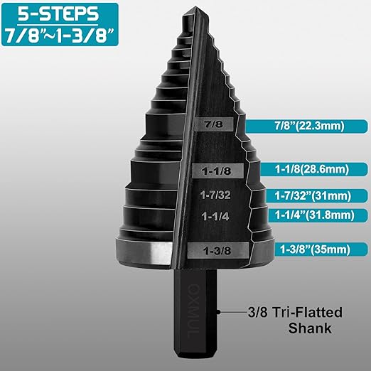 Step Drill Bit for Metal, 7/8" to 1-3/8", Cobalt Step Drill Bits, Heavy Duty for Stainless Steel, Hard Metal, Aluminum, Copper, Industrial Grade, 5-Steps. Co138Z