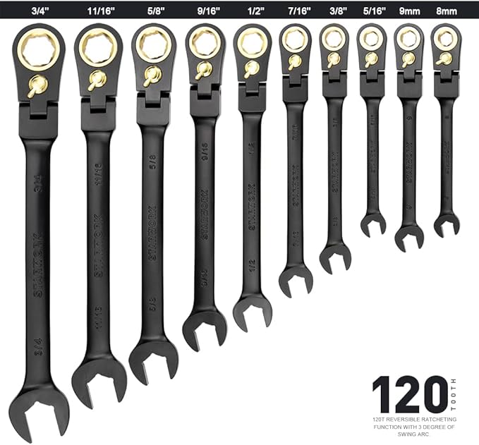 TRUE MECHANIC™ 20-Piece, 120T, Reversible, Flexible Ratcheting Wrench Set, Non-Slip, Long Pattern, SAE/Metric, Professional, With Portable Roll-Up Pouch Bag