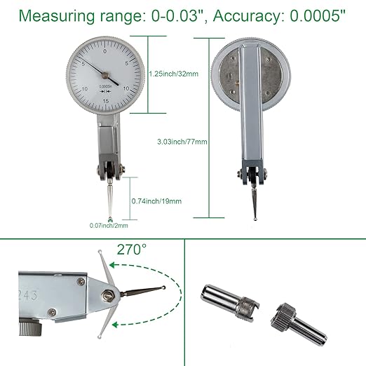 HDLNKAK Professional Dial Test Indicator with Magnetic Base Stand and Storage Case，0-0.03"x0.0005" Test Indicator，with 2 Metal Dovetail Clamps 3/8'' and 5/32'' in Storage Case