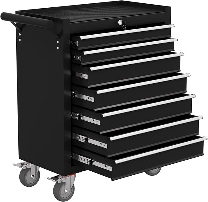 Rolling Tool Chest with Drawers, 7 Drawers Tool Chests & Cabinets, Metal Toolbox with Wheels, Lockable Storage Cabinet, Garage Tool Box with Drawers (Black, 7 Drawers)