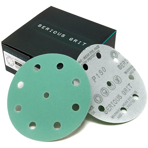 5-Inch 9-Hole 150 Grit Sanding Discs - Heavy-Duty Hook & Loop Film Discs - Sandpaper for Random Orbital Sanders - 50 Pack Box