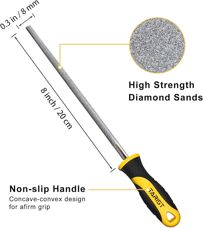 Diamond File Set, 3-Piece, 8-inch, Includes Flat/Half-Round/Round. For Sharpening Lawn Mower Blades, Garden Shears, Axe, Knife - Tool Sharpener for Metal, Tile, Ceramic, Glass, Stone and more