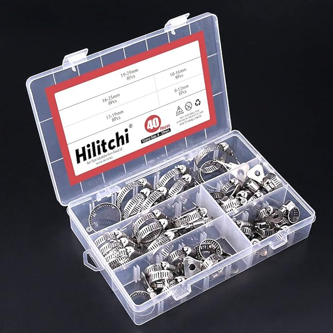 Hilitchi 40-Pcs 8-29mm Clamping Range Butterfly Key-Type Adjustable Hose Pipe Worm Gear Clamps Assortment Kit, Clamps Ideal for Plumbing, Automotive - - 304 Stainless Steel