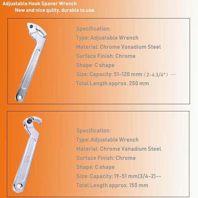 Adjustable C Spanner Hook Wrench Tool, Chrome Vanadium 3/4-2"(19-51Mm)+2-4 3/4"(51-121Mm) Spanner Set-Used to Tighten Side Slot Nuts on Collars, Lock Nuts and Bearings Collets