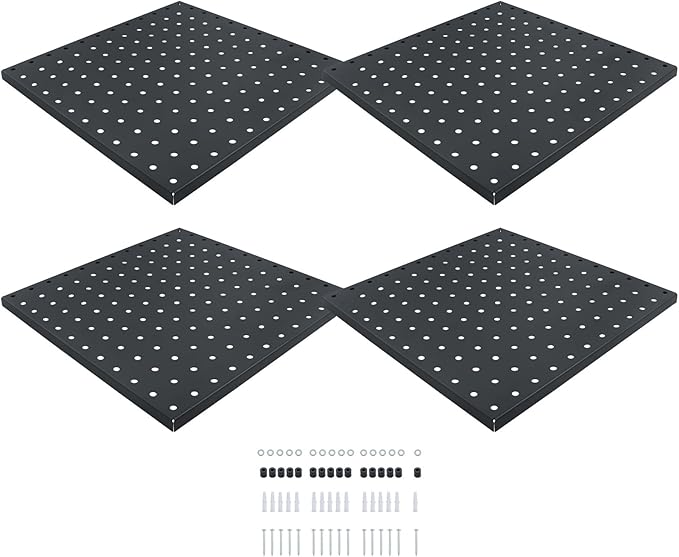 findmall 4Pack 12 x 12 Metal Black Wall Pegboard Panels Heavy Duty Peg Board for Tool Organizatio Garage Workbench Shed Craft Room kitchen Drawers