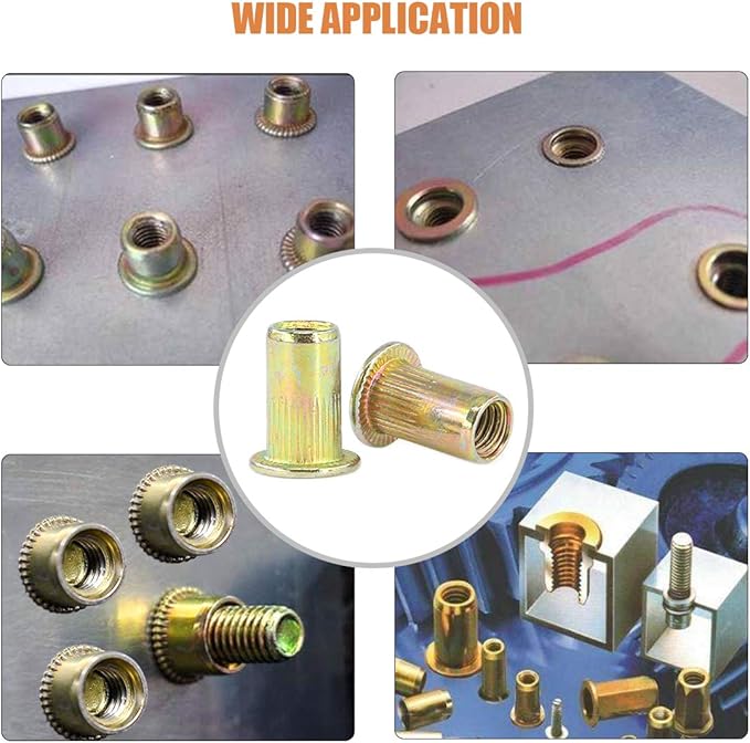 Keadic 150Pcs M5 Rivet Nuts Metric Zinc Plated Rivet Nut Carbon Steel Rivet Nut Flat Head Threaded Insert Kit Threaded Rivet Insert Nutsert Rivnuts Kit for Furniture