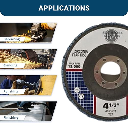 Benchmark Abrasives 4.5" x 7/8" Premium Zirconia T27 Flat Flap Discs 4 1/2 for Angle Grinder, Sanding Discs, Finishing - Grinding Wheels 4 1/2 Inch (10 Pack) - 40 Grit