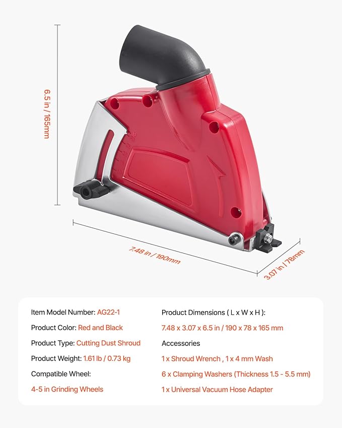 VEVOR Cutting Dust Shroud for Angle Grinders, Universal 4-5 in Angle Grinder Dust Shroud with 6 Clamping Washers, Adjustable Cutting Depth, Connect to Vacuum Cleaner, for Wood Concrete Wall Stone