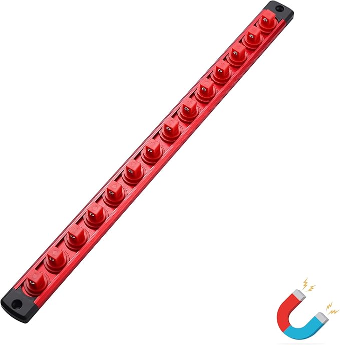 ALOANES Magnetic Socket Organizer, 3/8-Inch Drive Aluminum Socket Holder Socket Tray, Heavy Duty Socket Rail Organizer for Tool Box Drawer, 360°Swivel Clips Socket Rack 3/8-Inch x 14 Clips (Red)