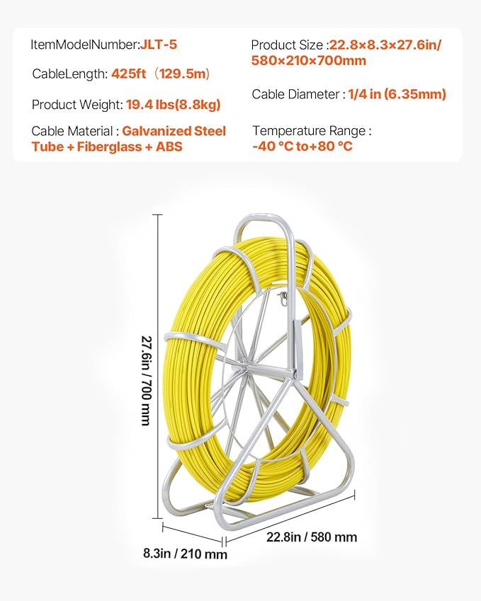 VEVOR Fiberglass Fish Tape 425 FT x 1/4 inch, Fish Tape Duct Rodder Puller with Durable Steel Stand, Non-Conductive Fishtape Wire Cable Running Rod for Walls, Floor and Electrical Conduit
