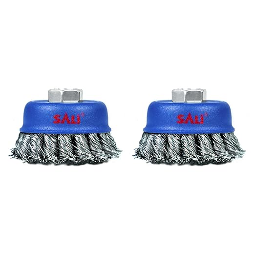 SALI 2 Pack Wire Cup Brush, 3 Inch Twisted Knotted Cup Brush for Grinders, with 5/8-11 Inch Arbor for Heavy Cleaning Rust, Stripping and Abrasive, for Angle Grinder