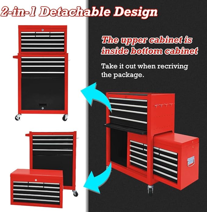 13 Drawer Rolling Tool Chest with Wheels, 2 in 1 Detachable Tool Chest with Drawers, Large Tool Box with Lock, Metal Tool Cabinet for Garage Workshop(Red-Black)