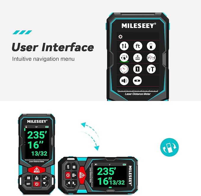 Laser Measurement Tool, MiLESEEY 330Ft Multifunctional Laser Measure with 2.4" Color Backlit Display, Rechargeable Laser Distance Meter with Angle Sensor, m/cm/mm/in/ft+in Measurement Unit