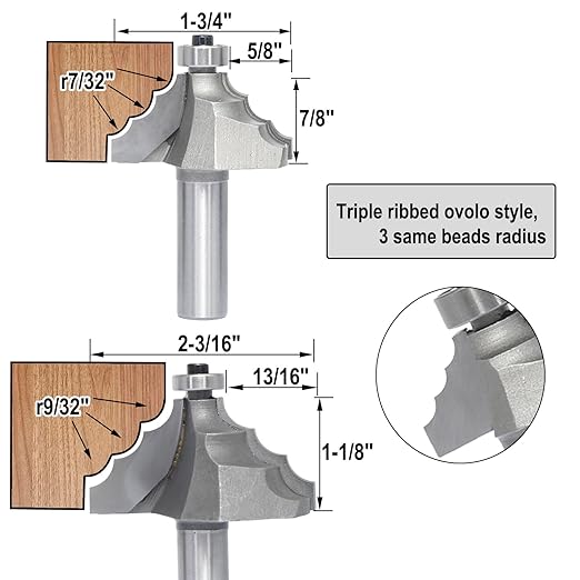 5Pcs Triple Bead Ovolo Bit Set,1/2" Shank,Radius 3.5mm, 4.5mm, 5.5mm, 6mm and 7.8mm,Decorative Edge Bits with 3 Quarter-round Rounding Over,Bearing Guided Router Bits for Wood Profiling,Molding