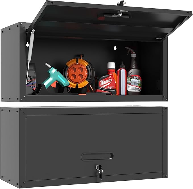 Metal Wall Cabinet with Up-flip Door,Black Heavy Duty Garage Wall Mounted Storage Cabinets,Tool Cabinets for Garage,Kitchen,Warehouse,Office,Assembly Required