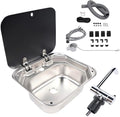 Cafe Bar Kitchen RV Sink with Folding Faucet A and Lid, Stainless Steel Single Bowl Hand Wash Basin Drop In Sink with Cover for Bar Caravan Van RV Camper Motor Home Trailer Accessories