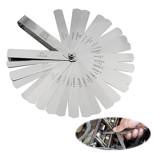 32 Blades Stainless Steel Feeler Gauge for Valves 0.0008-0.04" (0.02-1.00mm) Universal Standard SAE and Metric Offset Valve Thickness Gauge for Spark Plug Piston Measuring Gap Width or Thickness