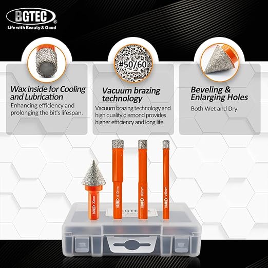 Dry Diamond Drill Bit Set - BGTEC 6/8/10mm Hole Saw and 1pc 4/5" Dimaond Chamfer bit for Granite Marble Porcelain Ceramic,Vacuum Brazed Diamond Core Drill Bit Kit