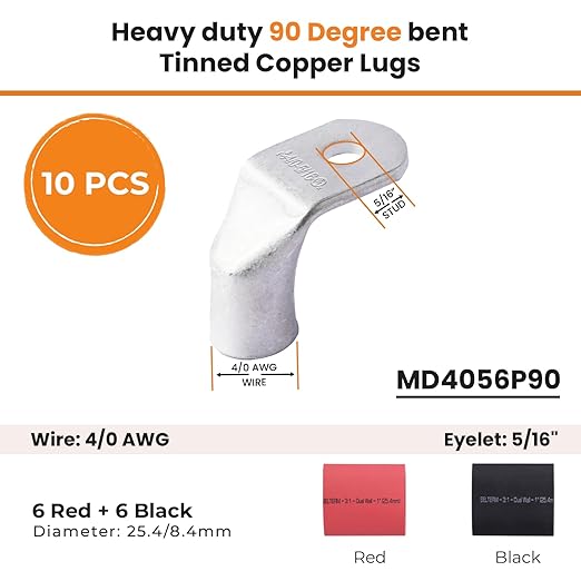 SELTERM 10pcs - 4/0 AWG 5/16" Stud - 90° Bent Battery Lugs - Ring Terminal Connectors with 12pcs 3:1 Black & Red 1" Heat Shrink Tubing- Heavy Duty Battery Cable Ends - Tinned Copper Wire Connector Kit