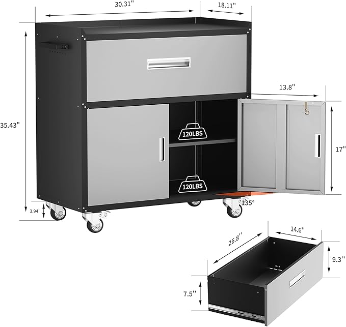 Metal Garage Storage Cabinet with Wheels, Lockable Rolling Tool Chest with Wheels, Tool Cabinet on Wheels, Utility Cabinet for Home, Office, Garage and Workshop, Black & Gray