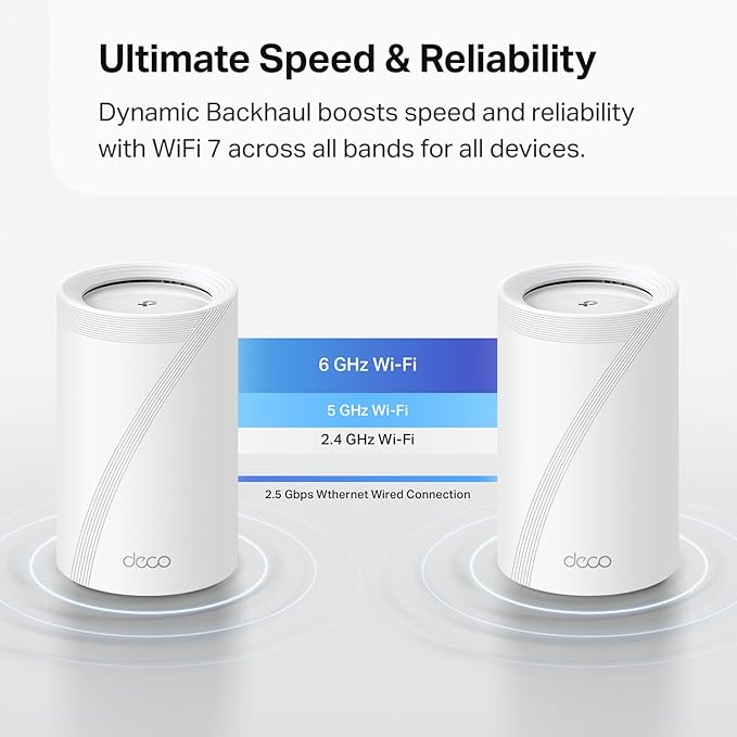 TP-Link Deco BE63 Tri-Band WiFi 7 BE10000 Whole Home Mesh System- 6-Stream 10 Gbps, 4X 2.5G Ports Wired Backhaul, 4X Smart Internal Antennas, VPN, MU-MIMO, HomeShield, Free Expert Support (1-Pack)