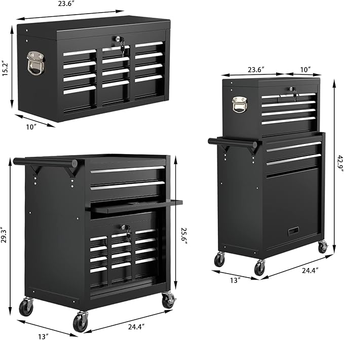 8-Drawer High Capacity Rolling Tool Chest, Removable Cabinet Storage Tool Box with Wheels and Drawers, Detachable Toolbox with Lock for Workshop Mechanics Garage (Black)