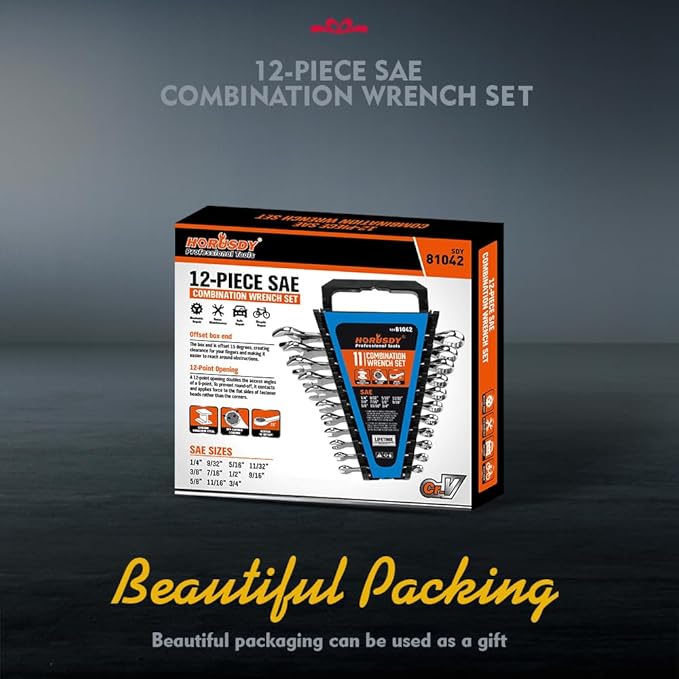 HORUSDY 11-Piece Sae Wrench Set | Combination Wrench Set with Organizer | 12 Point | 1/4" - 3/4" | Chrome Vanadium Steel
