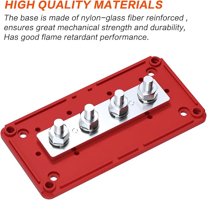 300A Bus Bar Box Heavy Duty Module Design Nickel Plated Brass Buss Battery Power Distribution 4xM8(5/16") Stainless Steel Terminal Studs Marine Ground DC12 24 48V（Red）