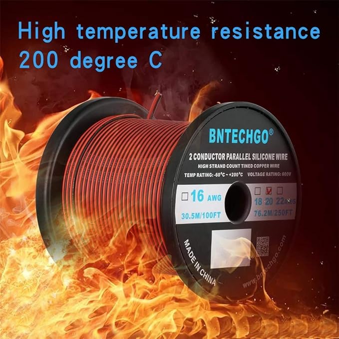 BNTECHGO 20 Gauge Flexible 2 Conductor Parallel Silicone Wire Spool Red Black High Resistant 200 deg C 600V for Single Color LED Strip Extension Cable Cord,Model,250ft Stranded Tinned Copper Wire