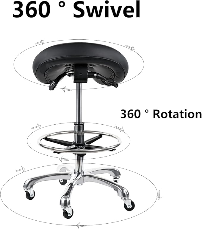 Saddle Tilting Stool Rolling Chair with Thicker Seat Swivel Ergonomic Height Adjustable Footrest Wheels for Beauty Spa Salon Dental Medical Clinic Kitchen Home Office Shop Bar Black