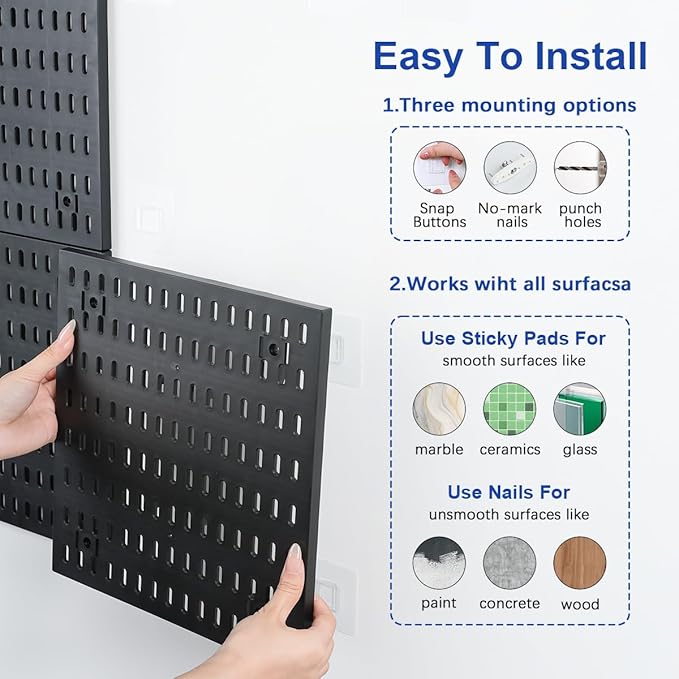 Pegboard Wall Organizer Kit – Heavy Duty 20lbs Load Bearing, Easy Installation, 4 Peg Board Panels 14 Accessories – Multi-Surface Use For Garage, Office, Kitchen & Crafts (Black Pegboard,24″×24″)