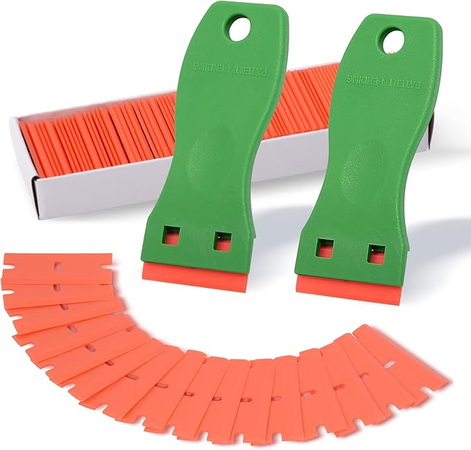 FOSHIO Plastic Razor Blade Scraper Include 2PCS Scraper Tool and 100PCS Blades for Gasket Remover, Labels Decal and Adhesive Remover for Windows and Glass,Green