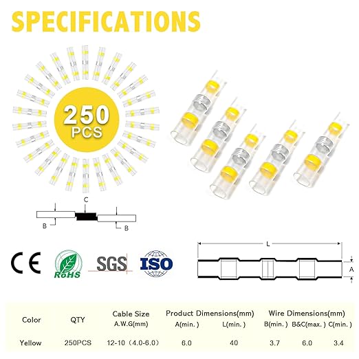 Kuject 250PCS Solder Seal Wire Connectors AWG 12-10, Yellow Solder Seal Heat Shrink Butt Connectors Terminals Solderstick Sleeve Waterproof Wire Splice Connector for Marine Boat Wire Joint