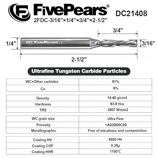 FivePears Down Cut Spiral Router Bit for CNC, 3/16 inch Cutting Diameter and 3/4 inch Cutting Length 1/4 inch Shank Carbide End Mill Router Bit for Wood Carving Engraving Grinding Grooving