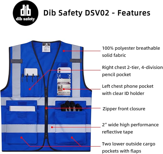 Dib Safety Reflective Vest High Visibility with Pockets and Zipper, Blue L